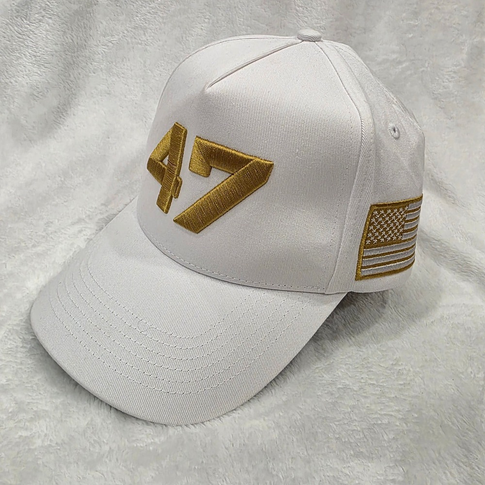 Trump 47 Hat White Gold Presidential Tribute Cap Embroidered USA Flag Strapback